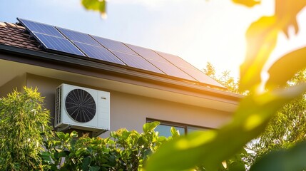A modern home with rooftop solar panels and a sleek heat pump installed near the facade, surrounded by lush greenery under a bright sunny sky.