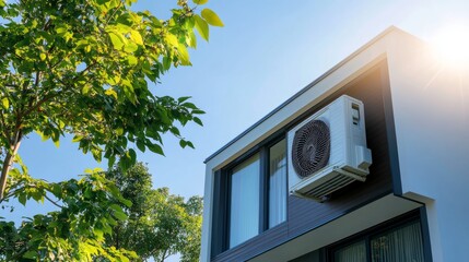 A modern home with rooftop solar panels and a sleek heat pump installed near the facade, surrounded by lush greenery under a bright sunny sky.