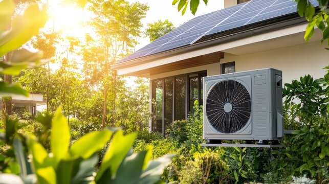 A modern home with rooftop solar panels and a sleek heat pump installed near the facade, surrounded by lush greenery under a bright sunny sky.
