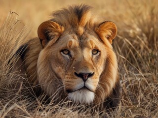 Obraz premium The king of the savannah, a lion among the grasses