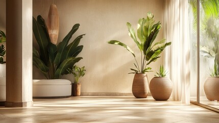 A peaceful wellness retreat interior with earthy tones, large potted plants, and soft natural light creating a relaxing atmosphere.