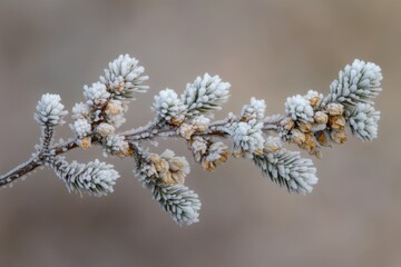 Frost-covered pine branch with delicate needles and budding cones, a winter wonderland scene.