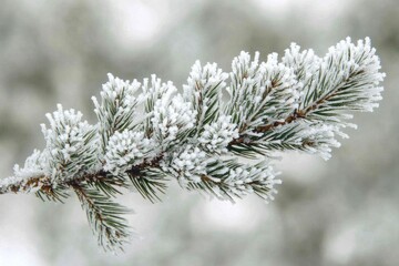 Obraz premium Frost-covered pine branch, winter scene, delicate needles, icy crystals.