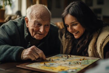 Fototapeta premium An elderly man in a wheelchair enjoys a heartwarming board game with a young woman, sharing laughter and creating cherished memories This image showcases intergenerational connection, family bonding