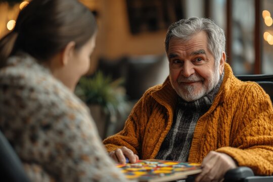 An elderly man in a wheelchair enjoys a stimulating board game with a young woman, showcasing intergenerational connection, cognitive engagement, and the joy of shared activities This heartwarming