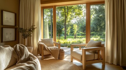 A relaxing wellness retreat room featuring light wood furniture, soft throws, and a peaceful view of nature through open windows.