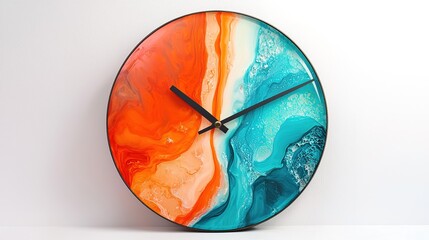 Abstract Resin Wall Clock, Orange Teal Art