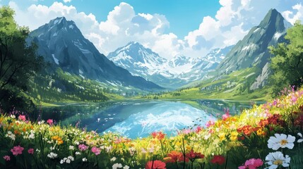 A picturesque alpine meadow filled with colorful flowers, a reflective lake surrounded by towering mountains under a bright sky.