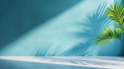 Vibrant tropical palm plant in a natural clean home against a blue wall, highlighting shadows.
