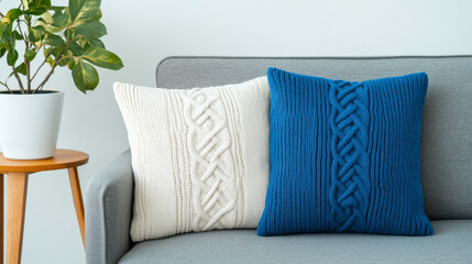 A modern living room features comfortable knit-patterned cushions on a sofa, paired with green potted plants for a welcoming and stylish ambiance.