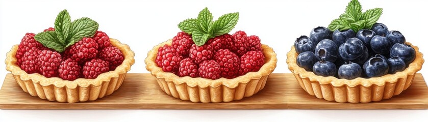 Assorted Berry Tarts with Fresh Mint Garnish, Artisan Crafted, Vibrant Colorful, Perfect for Dessert Menu Designs These delectable tarts feature a medley of fresh berries, including raspberries