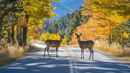 A picturesque autumn scene of two deer on a quiet road, with the vibrant foliage of Rocky Mountain National Park in the background