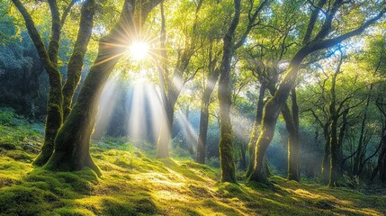 A picturesque forest clearing in Peneda-National Park, Portugal, with moss-covered trees and a sunbeam breaking through the canopy.