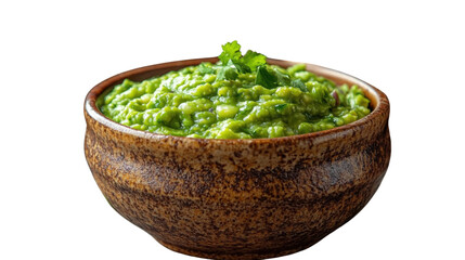 brown bowl of guacamole isolated on white background