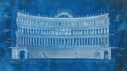 Architectural blueprint of a grand amphitheater on a blue background.