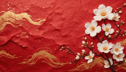 Abstract red background with golden details and cherry blossoms, creating a festive and elegant design for Chinese New Year or Asian themed projects.