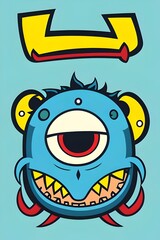 Illustration, art, of a cartoon evil cyclops one eyed monster, bright neon colors, suitable for a t-shirt design, vector, bright, colorful, fantasy, creature, quirky, psychedelic, comic, graphic, bold