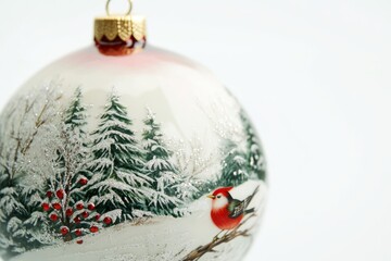 A winter wonderland Christmas bauble featuring snow-covered trees, red berries, and a cheerful...
