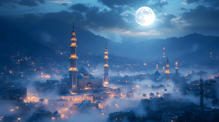 Majestic Mosque Cityscape Under Moonlight Night