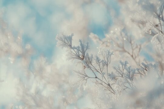 Delicate frost crystals adorn winter branches against a soft, blue-toned sky.