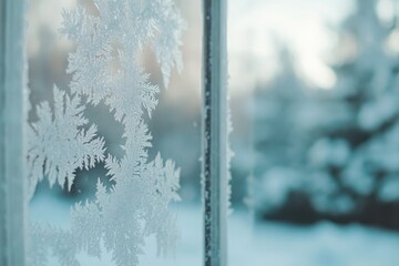 Intricate frost patterns adorn a windowpane, showcasing a winter wonderland scene beyond.