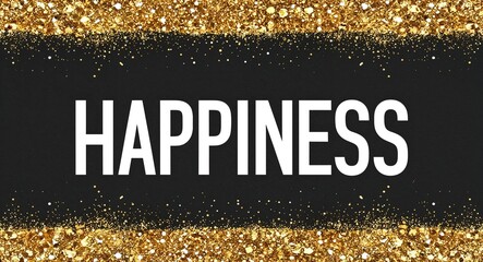 happiness white text lettering on plain black background with gold glitters
