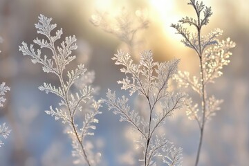 Naklejka premium Frost-covered branches glisten in the soft winter sunlight, creating a delicate and beautiful scene.