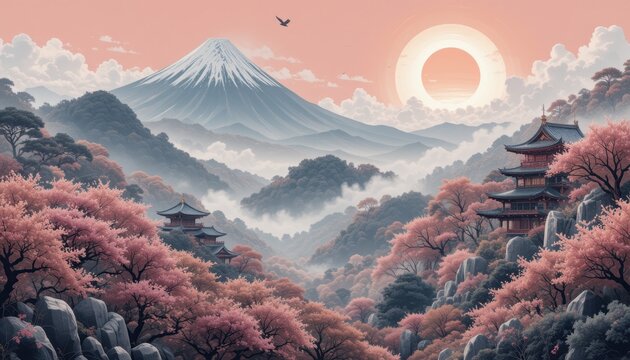 Abstract landscape with Mount Fuji and cherry blossoms, creating a serene and scenic image suitable for Japanese or travel themed designs.