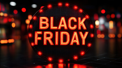Black Friday sign illuminated in red lights, promoting sales and discounts. vibrant display perfect for shopping events and holiday promotions