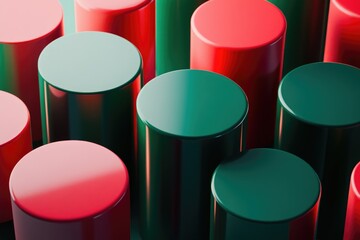 Abstract arrangement of glossy red and green cylinders, creating a visually striking and modern composition.