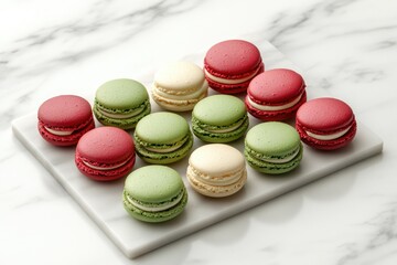 Obraz premium Assortment of colorful macarons arranged on a marble surface.