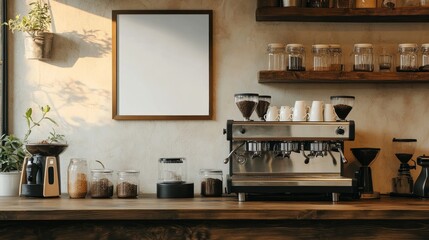 A warm coffee shop setting with a blank frame on the wall, a compact coffee machine on the counter, and rustic wooden shelves adorned with jars.