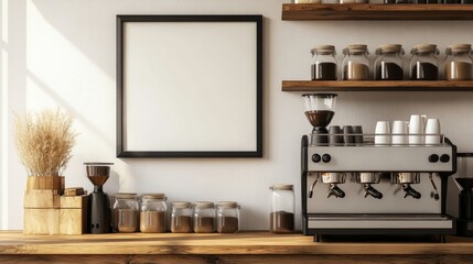 A warm coffee shop setting with a blank frame on the wall, a compact coffee machine on the counter, and rustic wooden shelves adorned with jars.