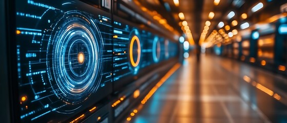 Futuristic server room with glowing displays.