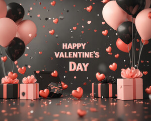 Happy Valentine Day with balloons, hearts, and gifts creating festive atmosphere. Celebrate love and affection with this vibrant and cheerful scene