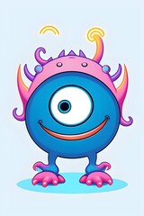 Naklejka premium Illustration, art, of a cartoon evil cyclops one eyed monster, bright neon colors, suitable for a t-shirt design, vector, bright, colorful, fantasy, creature, quirky, psychedelic, comic, graphic, bold
