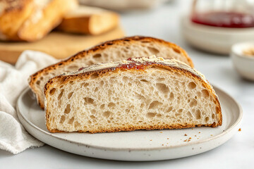 A close-up view of a slice of sourdough bread on a plate. (Generative AI)