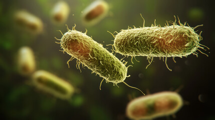 Fototapeta premium Microscopic view of bacteria showcasing their unique shapes and textures, highlighting intricate details of microbial life in vibrant environment