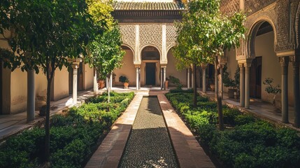 Naklejka premium Serene Courtyard Garden at Alhambra Palace, Granada, Spain