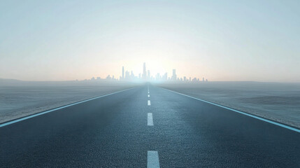 long road stretches towards distant city skyline, creating sense of adventure and exploration. horizon glows softly, inviting travelers to journey forward