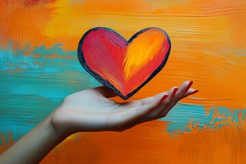 Fototapeta premium A vibrant heart held in a hand, perfect for celebrations of love, creativity, and self-care. Ideal for Valentine's Day cards, art projects, and wellness promotions.
