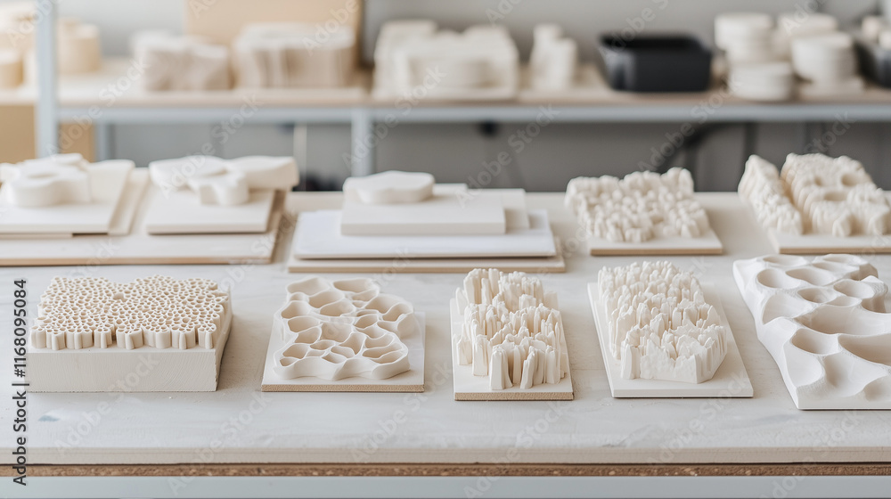 Aufkleber architectural models in a design studio: a series of intricate, white architectural models sit on a 