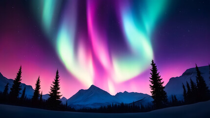 breathtaking view of aurora borealis illuminating night sky with vibrant colors over majestic mountains and silhouetted trees, creating magical atmosphere