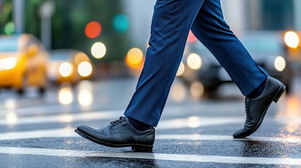 Fototapeta premium Close-up of a businessman’s legs crossing a wet city street with traffic and lights in the background.