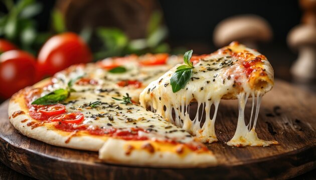 Close-Up Shot of Gooey Cheese Pull from Pizza Slice, Perfect for Food Blog, Restaurant Menu, or Social Media, Delicious and Inviting