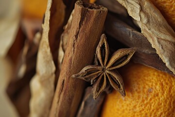 Close-up of cinnamon sticks, star anise, and dried orange peels, creating a warm, aromatic blend.
