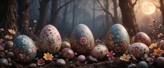 Easter scene with colorful eggs and a moonlit forest background, creating a magical and serene atmosphere for spring or holiday designs.