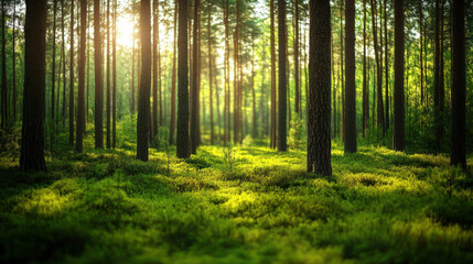 Obraz premium serene green forest with tall trees and soft sunlight filtering through leaves creates peaceful atmosphere. lush undergrowth adds to beauty of nature