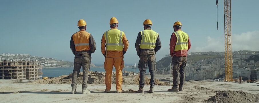 Construction Team Engaged in Site Inspection Teamwork Assessing Progress and Ensuring Safety on a Large-Scale Construction Project