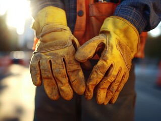 Construction Worker Adjusting Gloves Preparing for Safe Work on Construction Site, Safety Gear, Hand Protection, Workwear, Construction Safety, Job Site, Safety Practices, Construction Equipment